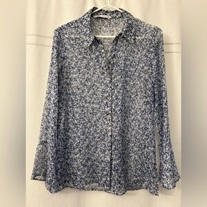 Zara Small Blue White Floral Sheer Blouse Boho Flare Sleeve Spring Top